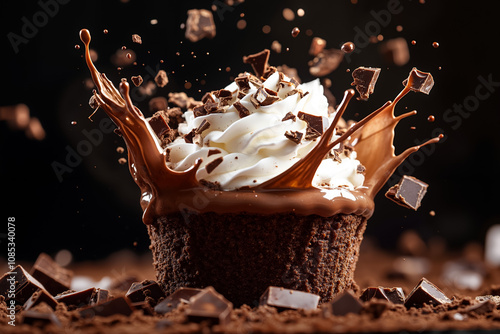 A chocolate cupcake with whipped cream and chocolate splashing out of it photo