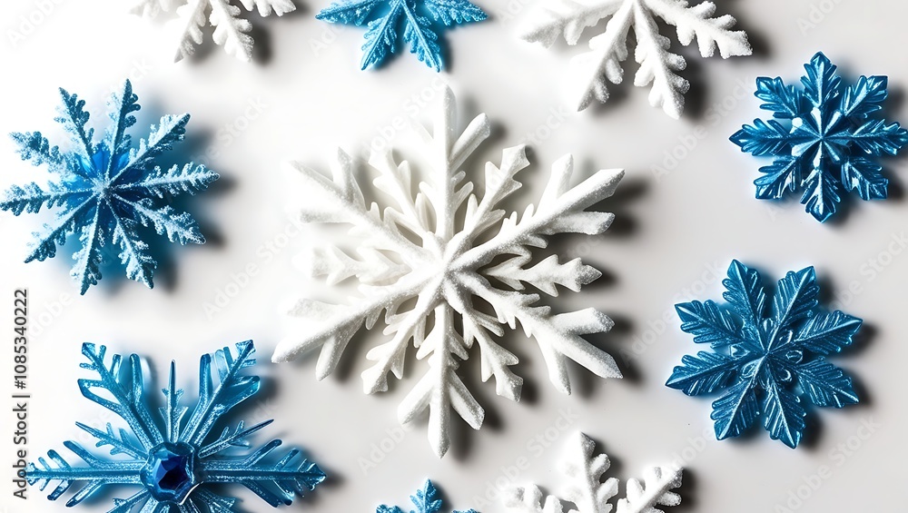 Intricate Frosted Snowflakes in White and Icy Blue with Delicate Crystalline Details Intricate Frosted Snowflakes in White and Icy Blue with Delicate Crystalline Details