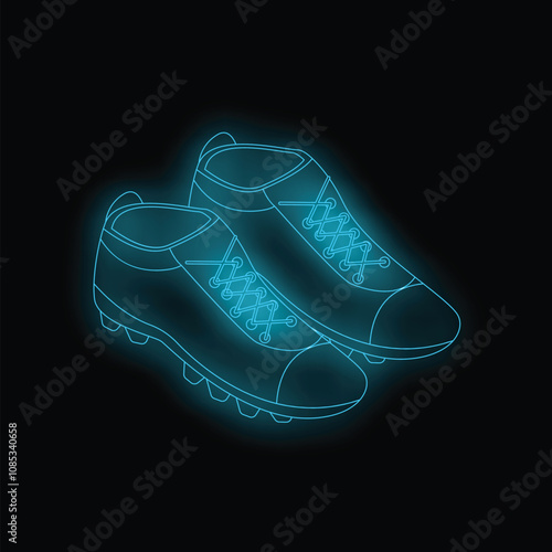 Neon icon of soccer shoes cleats shining in blue light on a black background