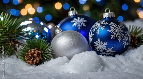 This is a photograph of blue and white and Silver Christmas ornaments shot in the snow surrounded by glowing Christmas lights surrouned by evergreen palm tree branches - generative ai photo