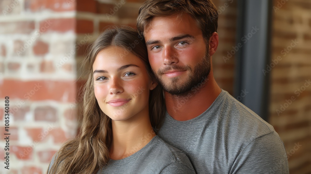 Fototapeta premium Intimate Portrait of a Couple: A young, stylish couple stands close together, their faces illuminated by the warmth of a brick wall.