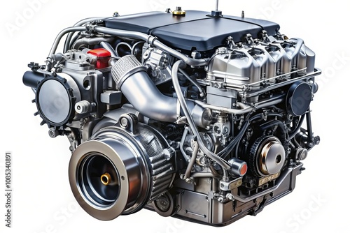 High-Quality Candid Photography of a New Car Engine Isolated on a White Background, Showcasing Modern Automotive Engineering and Design Features Perfect for Technical and Commercial Use