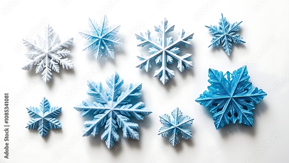 Intricate Frosted Snowflakes in White and Icy Blue with Delicate Crystalline Details Intricate Frosted Snowflakes in White and Icy Blue with Delicate Crystalline Details