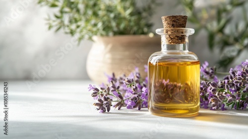 Lavender Essential Oil in a Glass Bottle with Fresh Flowers. Calming Aromatherapy and Natural Remedy for Relaxation and Wellness