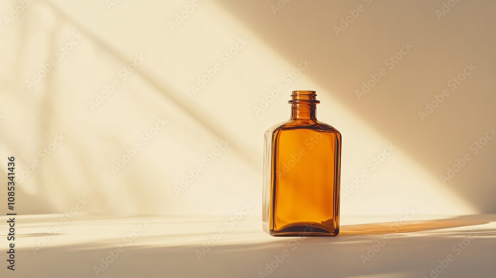 Brown Glass Bottle on Table in Sunlight - Minimalist Product Photography Brown Glass Bottle on Table in Sunlight - Minimalist Product Photography