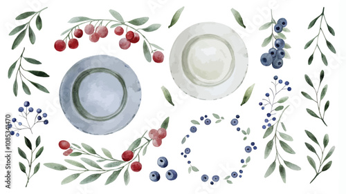 Set of watercolor hand drawn vector illustrations with berries, leaves and plates