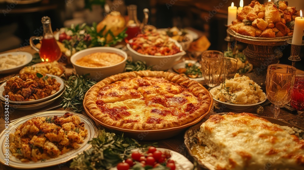 A Bountiful Feast: A table laden with a delectable array of dishes, from hearty casseroles to crispy fried chicken and a tempting pizza, creates a warm and inviting scene perfect for Thanksgiving. A Bountiful Feast: A table laden with a delectable array of dishes, from hearty casseroles to crispy fried chicken and a tempting pizza, creates a warm and inviting scene perfect for Thanksgiving.