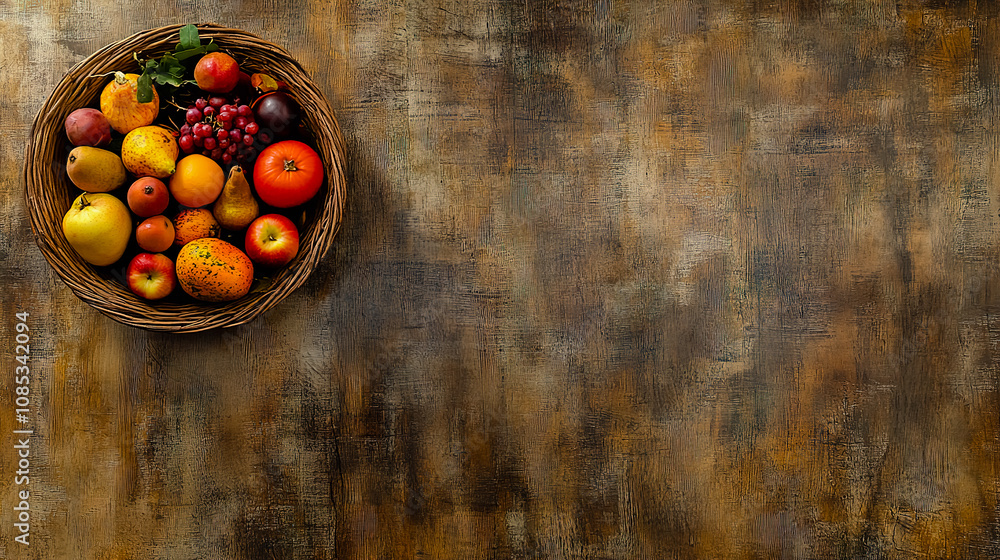 Top view of a rustic basket filled with a variety of autumn fruits and vegetables, positioned on the left side of a textured wooden background. Top view of a rustic basket filled with a variety of autumn fruits and vegetables, positioned on the left side of a textured wooden background.