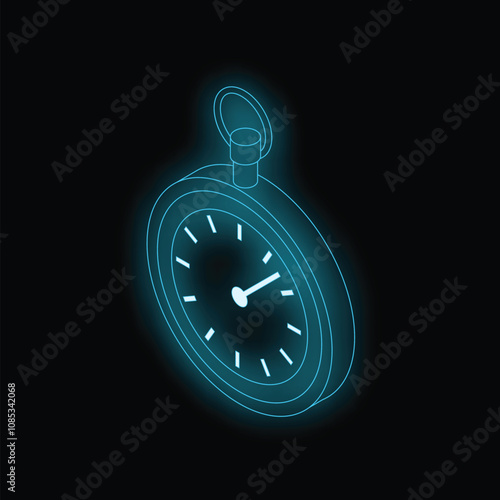 Glowing neon stopwatch is showing that time is passing on this isometric illustration