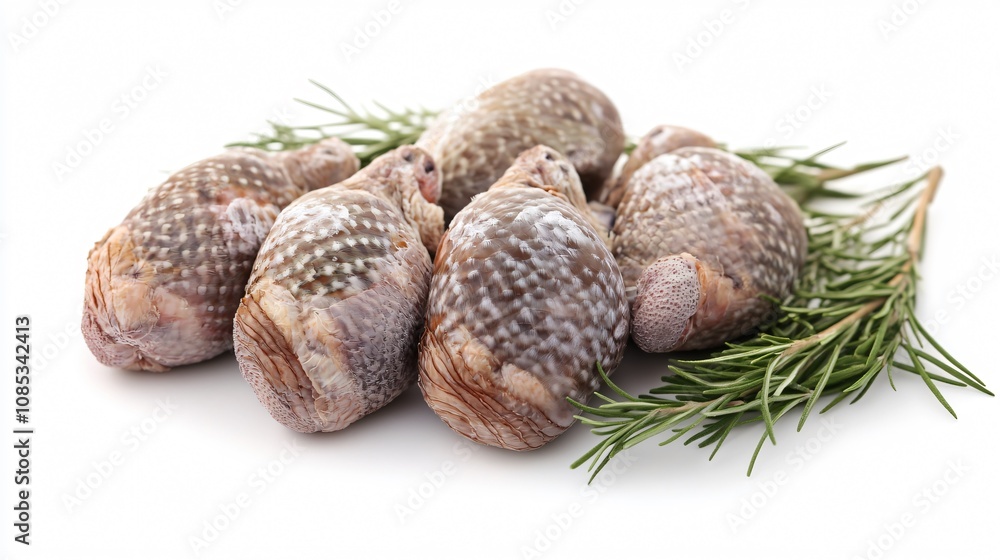 Fresh whelks seasoned with rosemary on a white background. Seafood gastronomy, healthy eating, and culinary delight. Fresh whelks seasoned with rosemary on a white background. Seafood gastronomy, healthy eating, and culinary delight.
