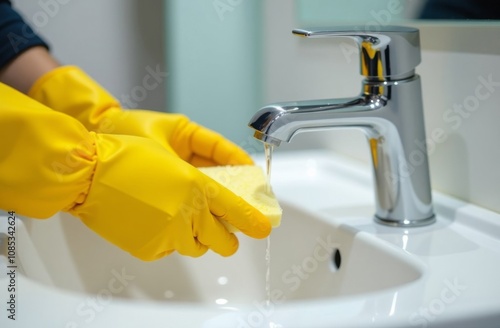 Woman wearing rubber gloves wets a cleaning sponge with detergent under water in a bathroom sink photo