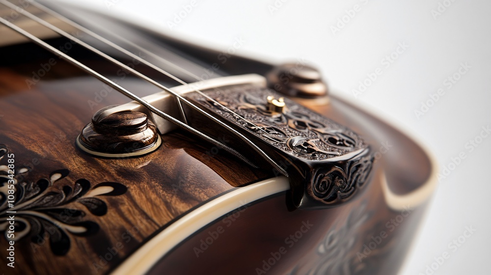 Close-up of Acoustic String Instrument: Exploring the Craftsmanship of Wood and Metal Close-up of Acoustic String Instrument: Exploring the Craftsmanship of Wood and Metal