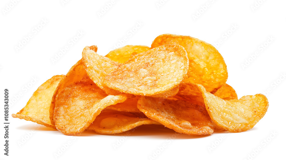 Crispy potato chips stacked on white background, showcasing their golden texture and delicious appeal. Perfect for snacking or sharing at gatherings Crispy potato chips stacked on white background, showcasing their golden texture and delicious appeal. Perfect for snacking or sharing at gatherings