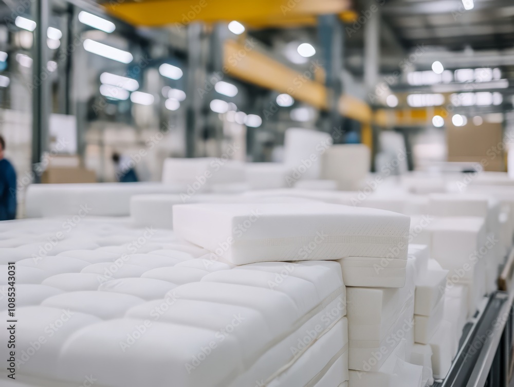 Obraz premium Mattress Factory: A close-up of freshly assembled mattresses in a bustling factory, the image evokes a sense of quality craftsmanship and the comfort of a well-made bed.