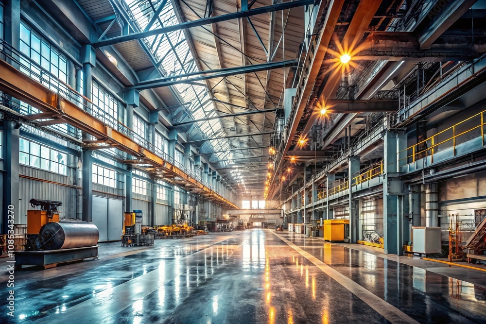 Obraz premium Industrial Site Interior with Concrete Floor Featuring Modern Machinery, Pipelines, and Industrial Equipment in a Spacious, Well-Lit Environment for Dynamic Visual Appeal