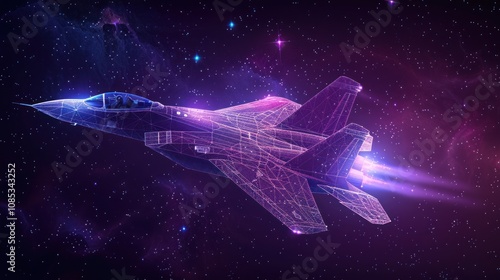 A low-poly fighter jet flies through a starry, purple and blue nebula.