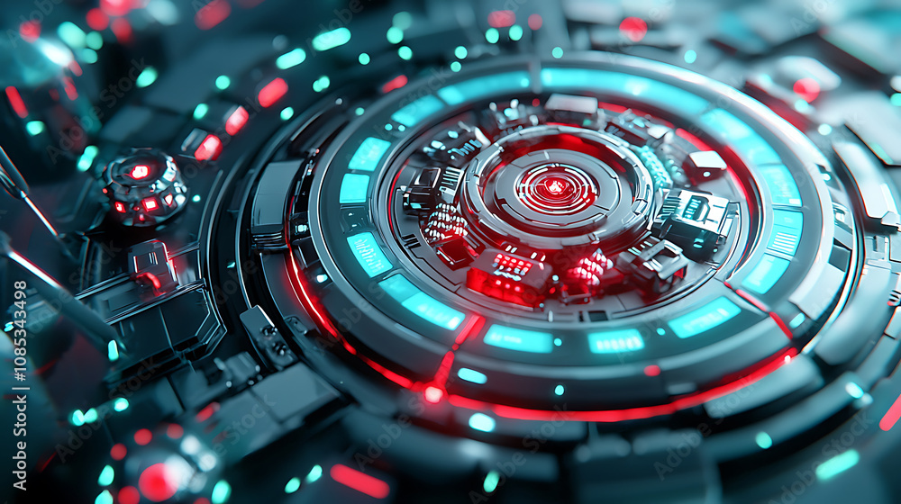Futuristic technology interface with glowing blue and red elements, showcasing intricate details and high tech design. This captures essence of advanced digital systems Futuristic technology interface with glowing blue and red elements, showcasing intricate details and high tech design. This captures essence of advanced digital systems