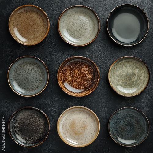 Aesthetic Arrangement of Various Ceramic Plates Showcasing Unique Patterns and Textures on a Dark Stone Surface for Modern Culinary Presentation