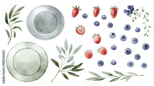 Set of watercolor hand drawn blueberries, strawberries, olives, leaves and plates.