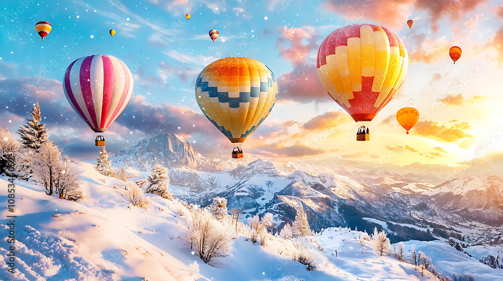 Obraz premium Breathtaking hot air balloons soar over snow covered mountains at sunset, creating magical winter scene filled with vibrant colors and serene beauty