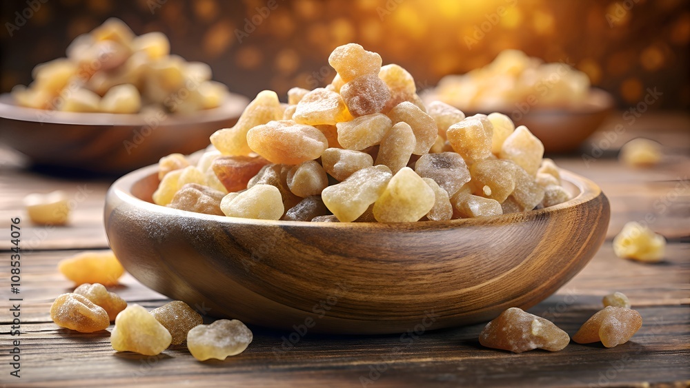 Healing frankincense resin piled in wooden bowls with a warm background Healing frankincense resin piled in wooden bowls with a warm background