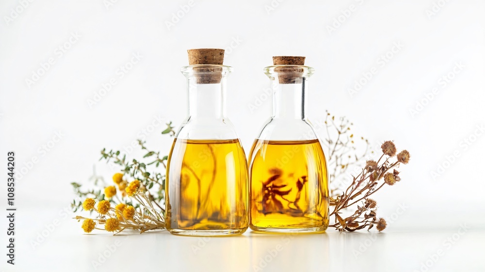 Golden Elixir of Nature: Essential Oil Bottles with Delicate Botanical Accents Golden Elixir of Nature: Essential Oil Bottles with Delicate Botanical Accents