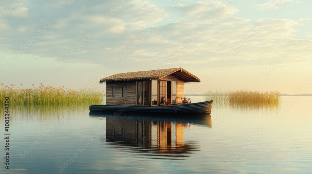 Small wooden houseboat, floating on calm lake waters, surrounded by reeds Small wooden houseboat, floating on calm lake waters, surrounded by reeds