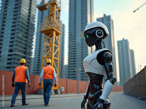 A robot assists construction workers at a futuristic high-rise building site surrounded by modern skyscrapers and machinery photo