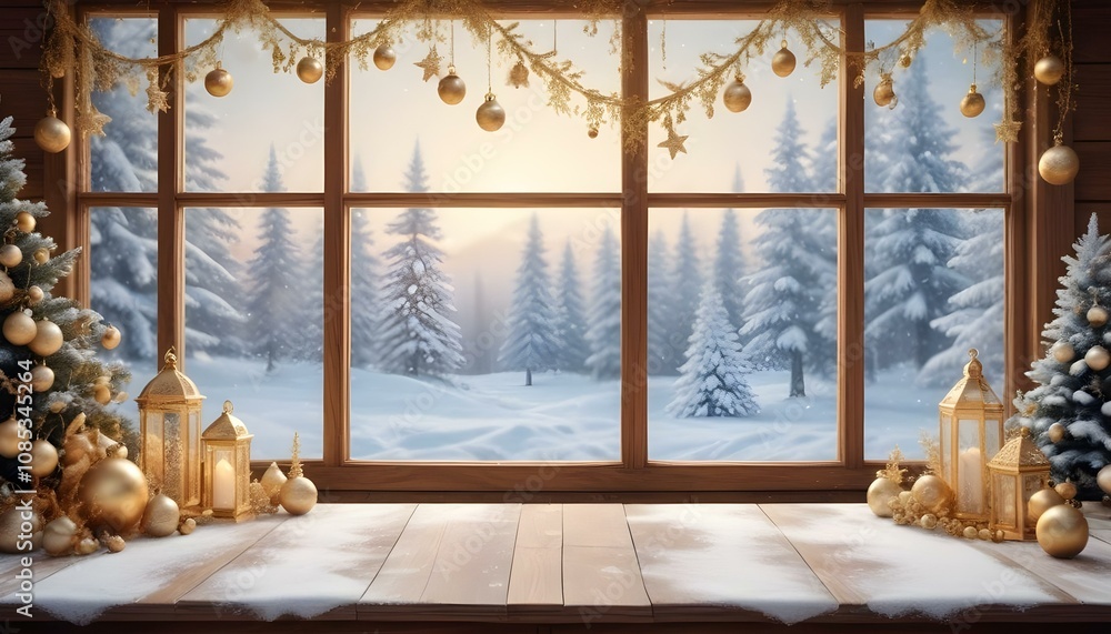 Fototapeta premium Christmas table mockup with festive decor, elegant ornaments