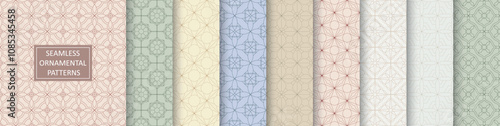 Collection of seamless geometric ornamental vector patterns. Tile colorful beautiful outline oriental delicate backgrounds. Symmetric textures - elegant prints