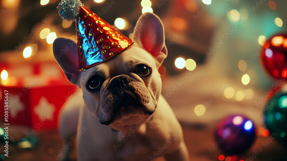French Bulldog in Party Hat Celebrates Festivities
French Bulldog in Party Hat Celebrates Festivities