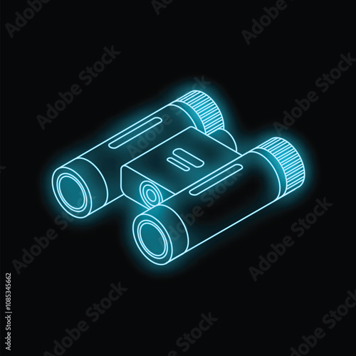 Glowing neon binoculars rendered in isometric perspective on a black background