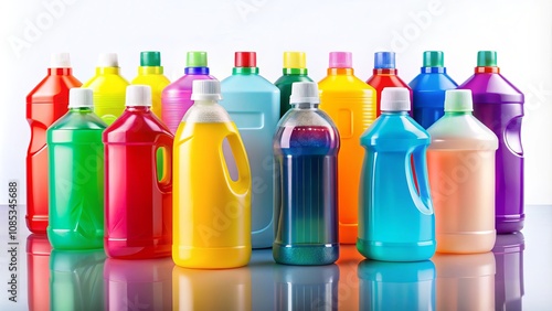 Long Exposure of Colorful Cleaning Equipment: Isolated Plastic Detergent Bottles on a White Background in a Studio Setting for Professional Cleaning Product Showcase