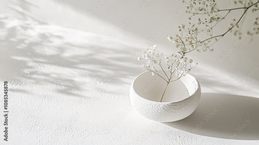 A minimalist still life of delicate white flowers in a textured ceramic bowl, illuminated by soft natural light. Perfect for art prints, wall decor, and home interiors. A minimalist still life of delicate white flowers in a textured ceramic bowl, illuminated by soft natural light. Perfect for art prints, wall decor, and home interiors.