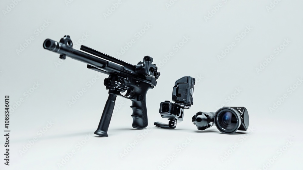 High-Tech Gun with Mounted Cameras: A Powerful Image of Modern Weaponry and Surveillance Technology High-Tech Gun with Mounted Cameras: A Powerful Image of Modern Weaponry and Surveillance Technology