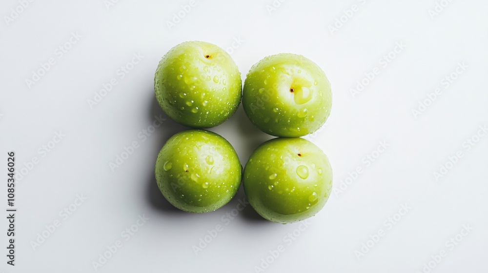 Four Fresh Green Plums on White Background: A Study in Simplicity and Juicy Freshness Four Fresh Green Plums on White Background: A Study in Simplicity and Juicy Freshness