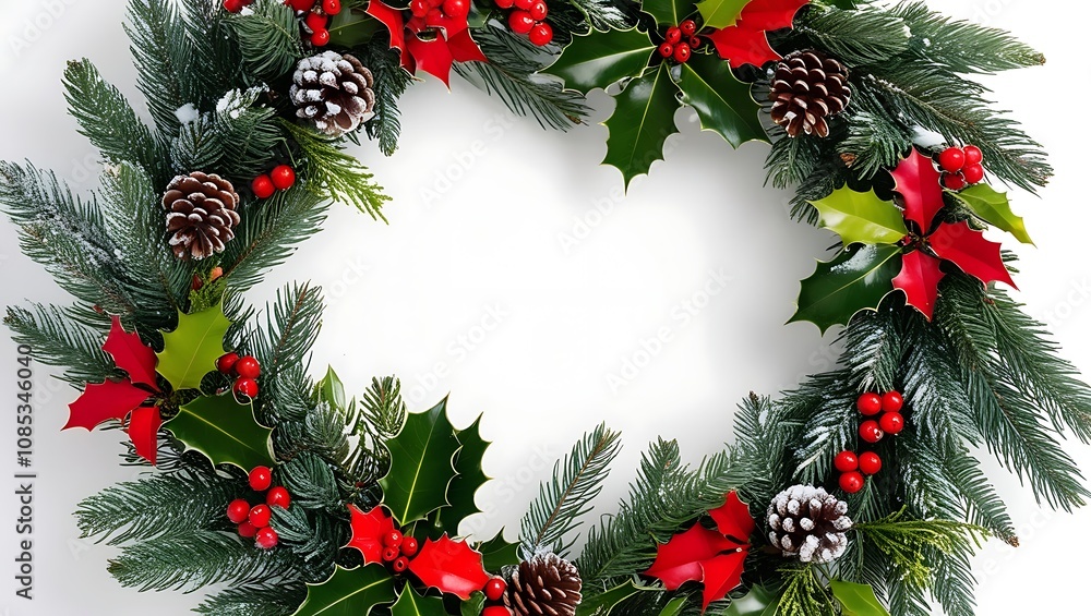 Realistic Christmas Wreath with Evergreen Branches, Holly, Red Berries & Snow for Holiday Designs – White Background Realistic Christmas Wreath with Evergreen Branches, Holly, Red Berries & Snow for Holiday Designs – White Background
