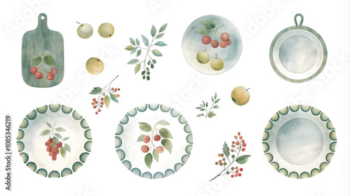 Set of watercolor dishes with berries and leaves. Vector illustration.