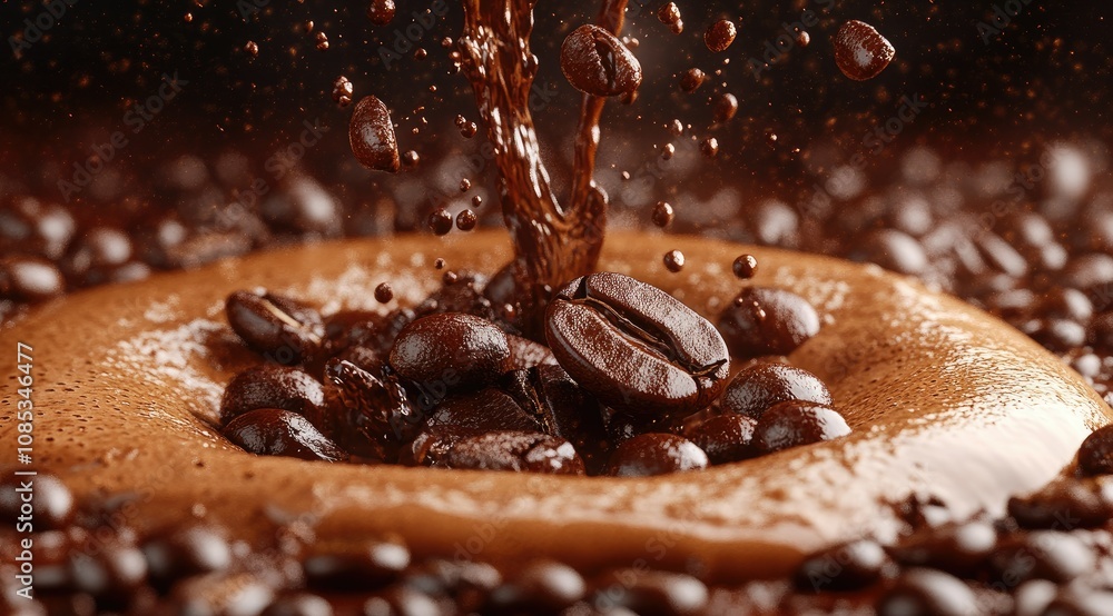 Coffee beans splashing in brewed coffee. Coffee beans splashing in brewed coffee.
