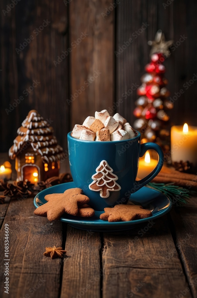 Cup of hot chocolate or cocoa with gingerbread cookie christmas composition on vintage wooden table background - generative ai Cup of hot chocolate or cocoa with gingerbread cookie christmas composition on vintage wooden table background - generative ai