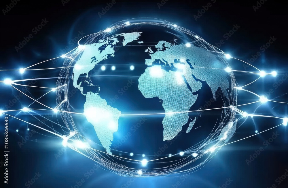 Abstract representation of a digital globe with network connections and glowing lights illustrating global communication and data exchange in a modern world Abstract representation of a digital globe with network connections and glowing lights illustrating global communication and data exchange in a modern world
