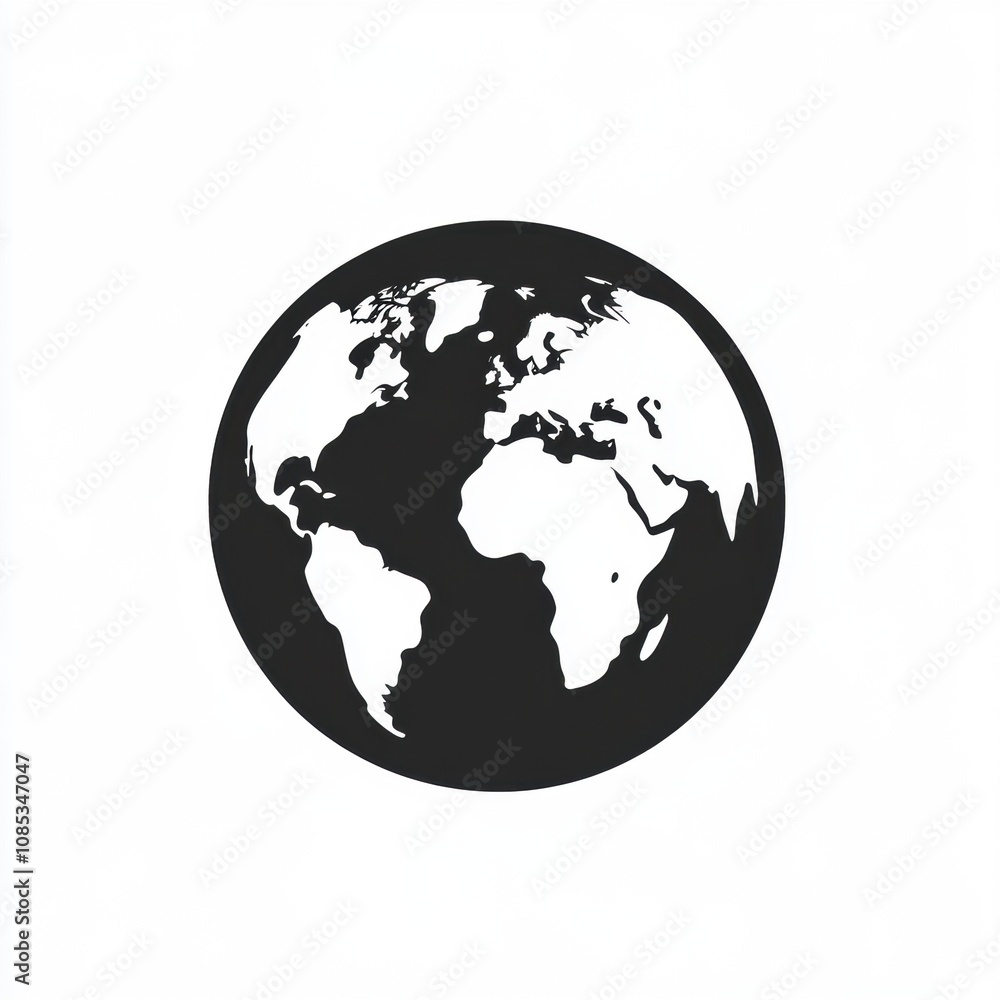 Minimalist Black and White Globe Illustration Representing Earth with Focus on Continents and Oceans Ideal for Educational and Environmental Purposes Minimalist Black and White Globe Illustration Representing Earth with Focus on Continents and Oceans Ideal for Educational and Environmental Purposes