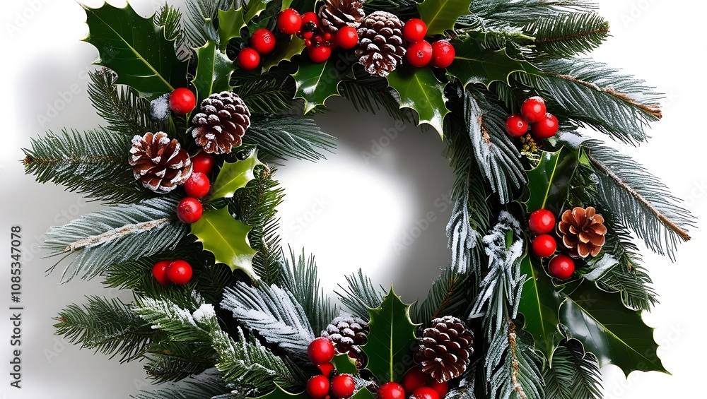 Realistic Christmas Wreath with Evergreen Branches, Holly, Red Berries & Snow for Holiday Designs – White Background Realistic Christmas Wreath with Evergreen Branches, Holly, Red Berries & Snow for Holiday Designs – White Background