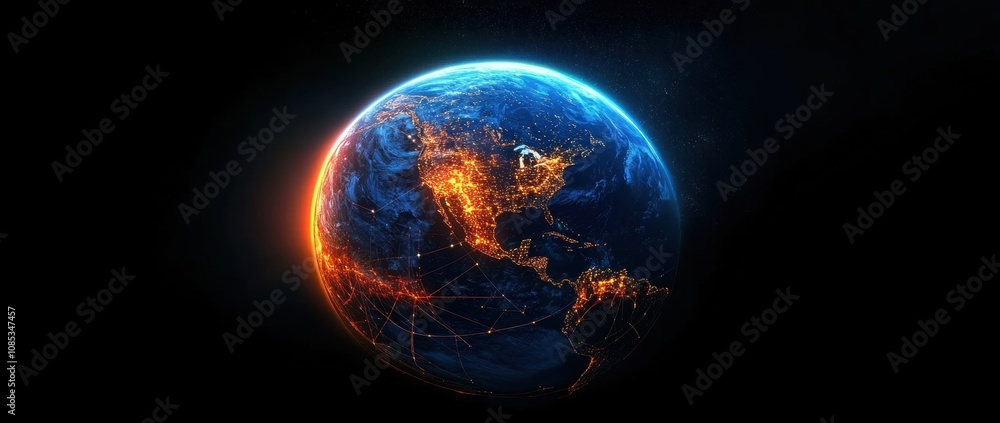 Stunning Global View of Earth at Night with Illuminated Cities, Vibrant Lights, and Connectivity Highlights, Showcasing the Beauty of Our Planet in a Dark Space Background Stunning Global View of Earth at Night with Illuminated Cities, Vibrant Lights, and Connectivity Highlights, Showcasing the Beauty of Our Planet in a Dark Space Background