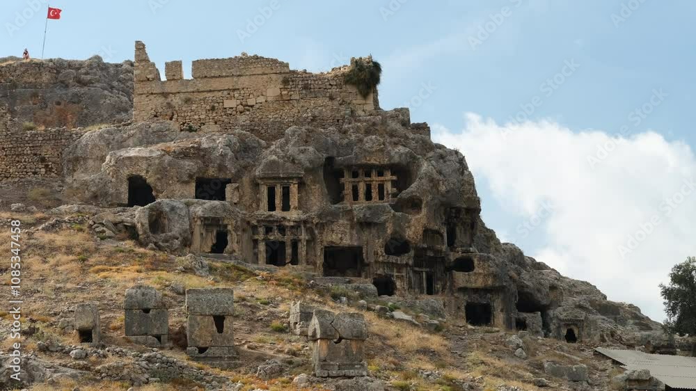 Tlos Ancient City. Important settlement area of the historical Lycian city. Travel to the ancient cities of Türkiye. Fethiye, Mugla province, Turkey - 4k video Tlos Ancient City. Important settlement area of the historical Lycian city. Travel to the ancient cities of Türkiye. Fethiye, Mugla province, Turkey - 4k video