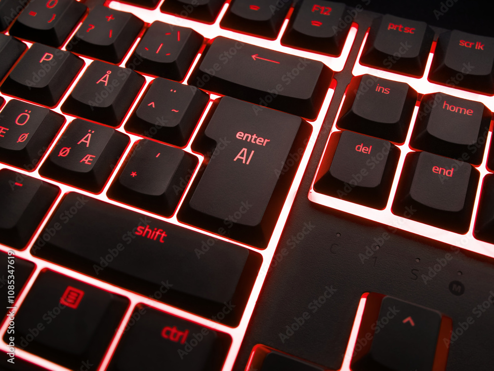 Enter AI Key on Black Computer Keyboard with Red LED Lighting – Close-Up Enter AI Key on Black Computer Keyboard with Red LED Lighting – Close-Up
