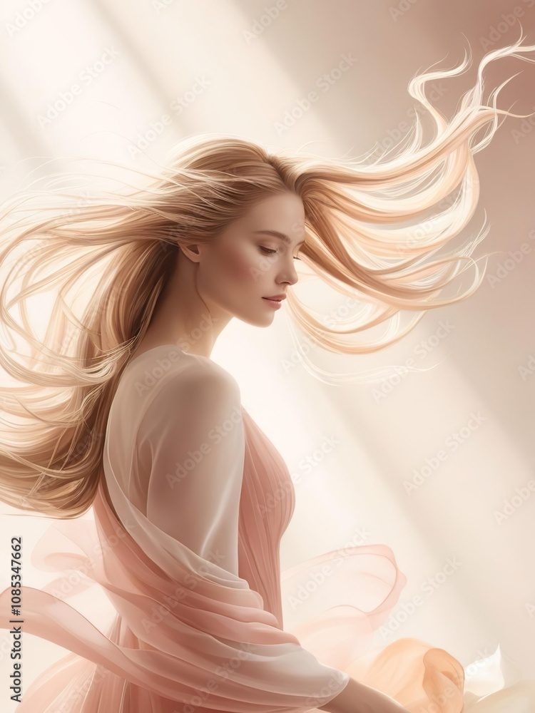 Illuminated girl with long blond hair fluttering in the wind Illuminated girl with long blond hair fluttering in the wind