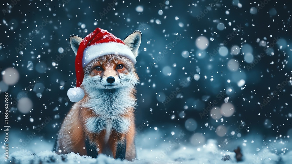 Christmas fox in a Santa hat, winter background Christmas fox in a Santa hat, winter background