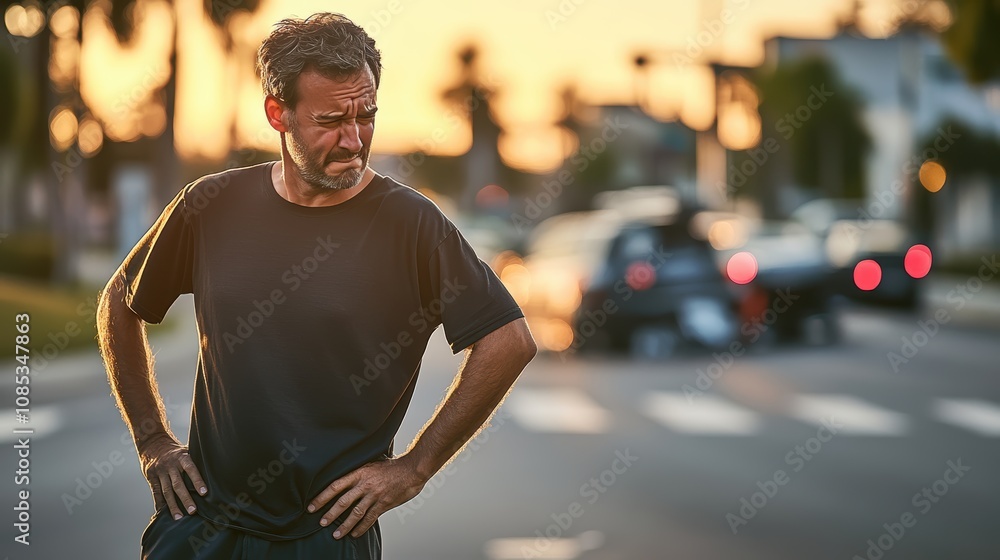 A concerned middle-aged man with tousled hair stands on a street during sunset. A concerned middle-aged man with tousled hair stands on a street during sunset.