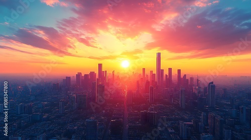 A vibrant sunset paints the sky above a sprawling city skyline, casting a golden glow over the buildings.